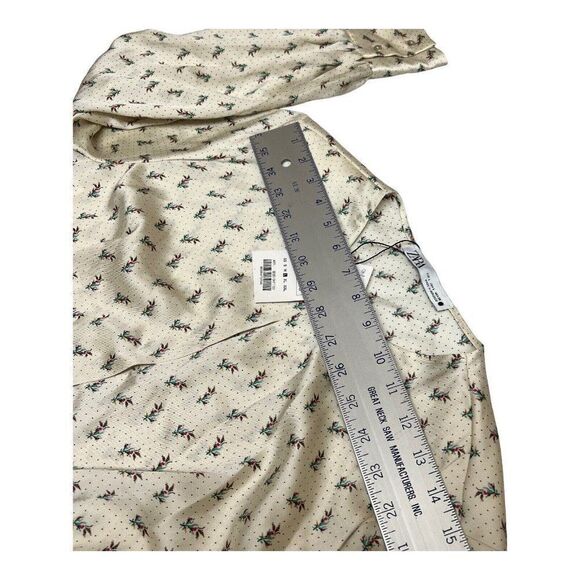 ZARA L SATIN SHOULDER PAD BLOUSE FLORAL & DOTS CREAM SLIT SEXY CROP BLOGGERS NEW - Picture 8 of 15